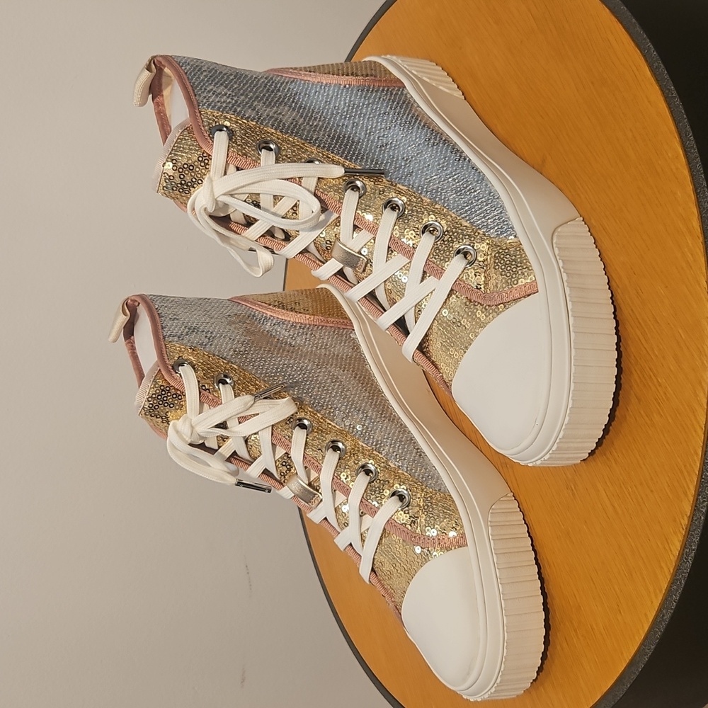 Michael Kors Gold and Light Blue Sequin Sneakers Size 10